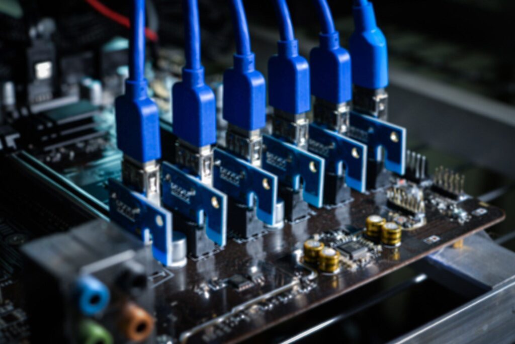 blue usb connectors on sleek circuit board for efficient data transmission in advanced technology. crypto-currency mining.