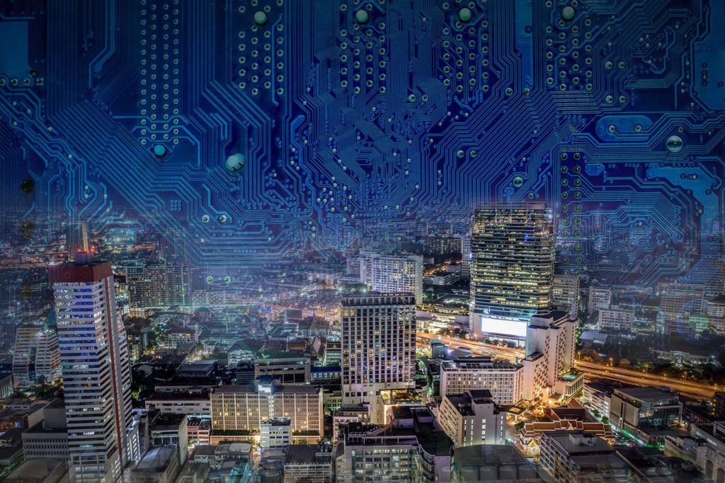 futuristic cityscape merging technology and architecture, symbolizing smart urban integration.smart office.