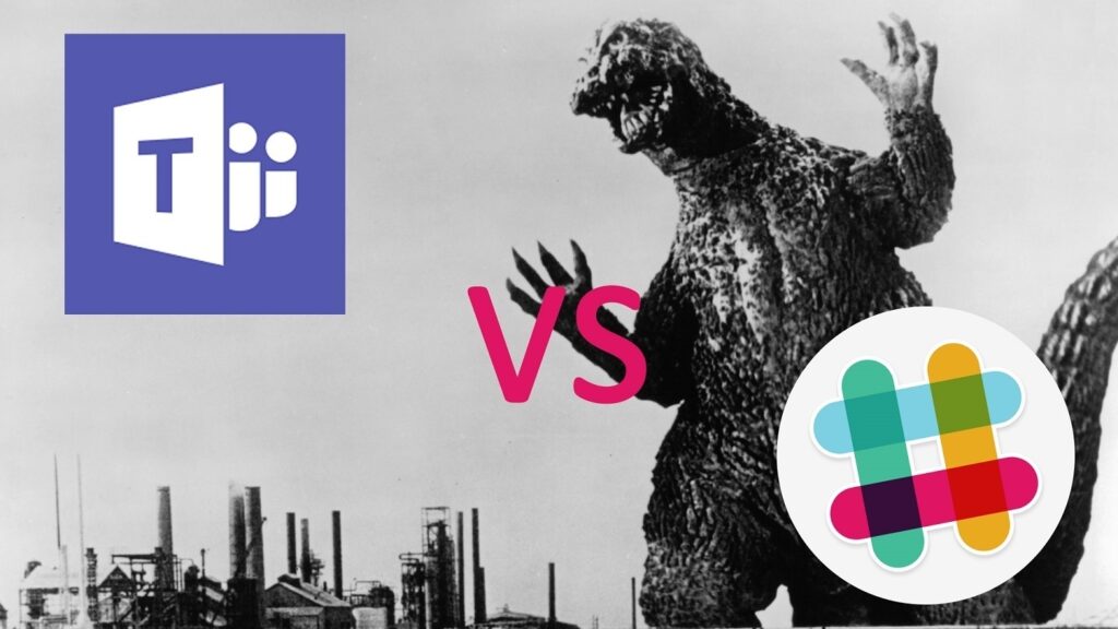 tech rivalry: microsoft teams vs. godzilla showdown in chaotic cityscape. collaboration.