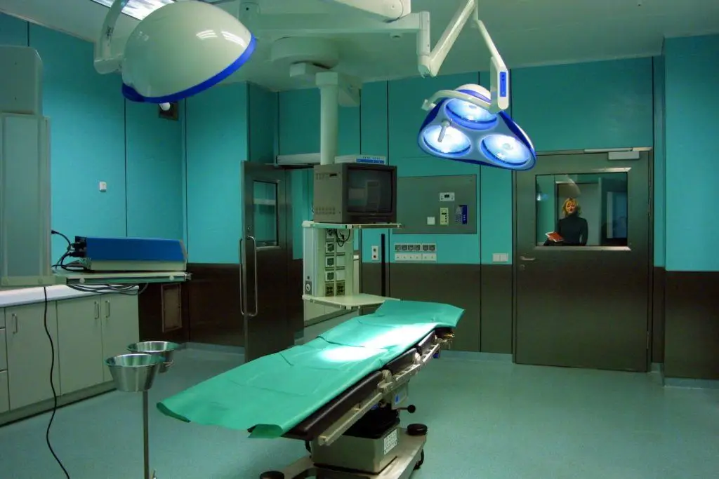 Modern Surgical Room With Bright Lights, Green Table, And Advanced Equipment For Procedures. Medical. modern surgical room with bright lights, green table, and advanced equipment for procedures. medical.