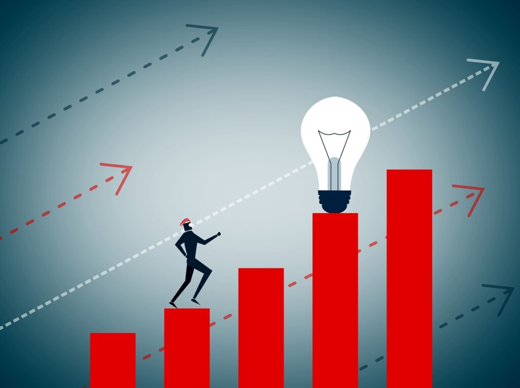 businessman climbs red bars to glowing lightbulb symbolizing success and innovation. cash flow.