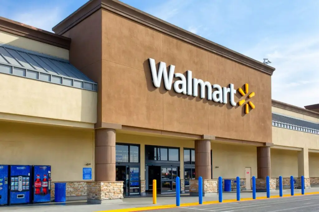 Modern Walmart Store Entrance With Iconic Logo, Blue Bollards, And Inviting Design. Privacy. modern walmart store entrance with iconic logo, blue bollards, and inviting design. privacy.