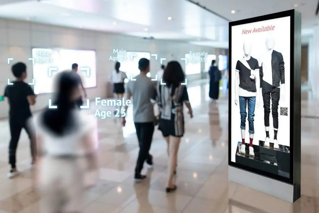 Trendy Digital Display In Modern Mall Showcasing Interactive Fashion And Technology. Digital Signs. trendy digital display in modern mall showcasing interactive fashion and technology. digital signs.