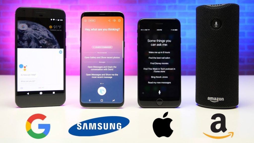 cutting-edge tech lineup: google pixel, samsung, apple iphone, amazon echo with smart features. virtual assistants.