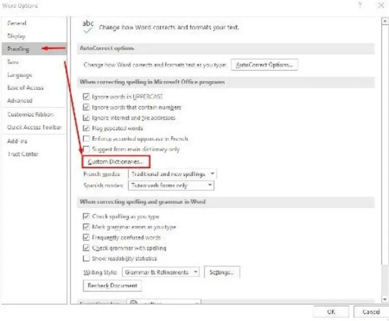 Microsoft Word Options Window Showing Proofing Settings microsoft word options window showing proofing settings
