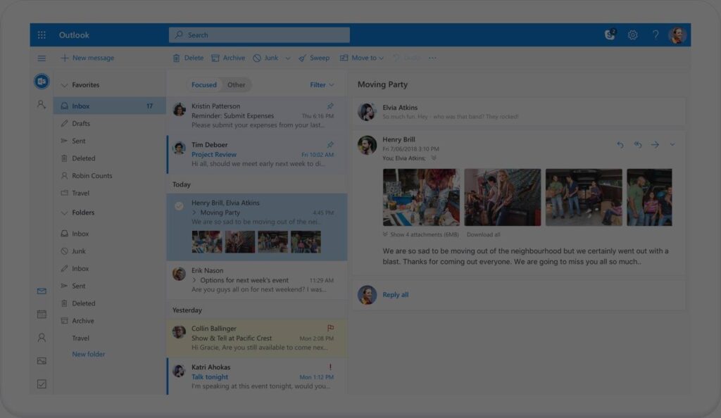 modern social media interface: search, navigate, engage with interactive posts and images. outlook 2016.