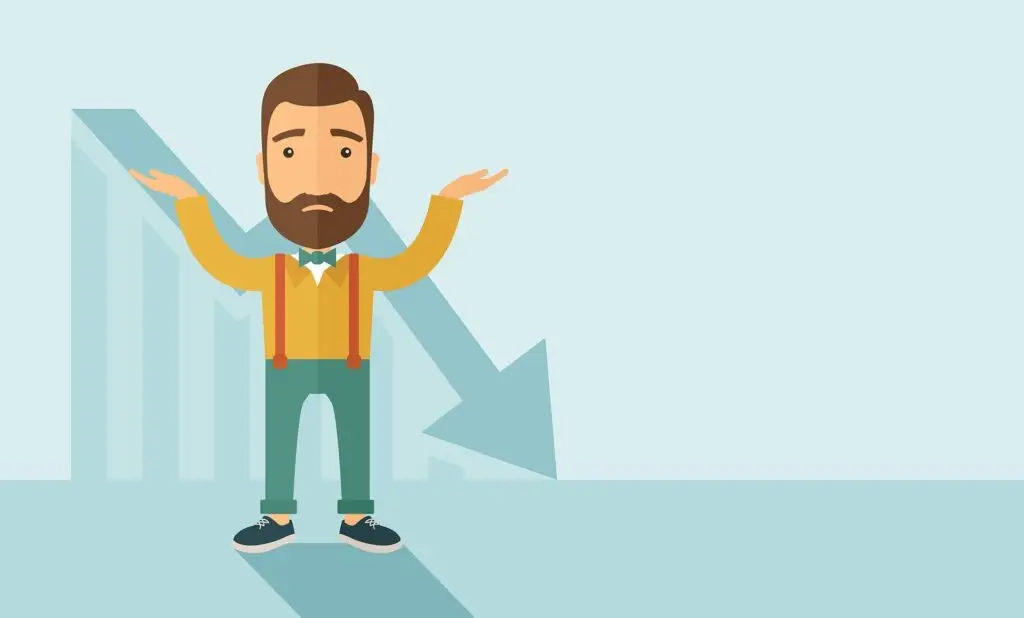 confused character questions declining trend in stylish attire. productivity.