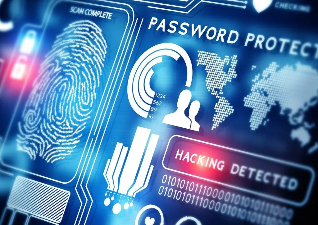 futuristic biometric cybersecurity interface with global map, password protection, and hacking alert. network security.