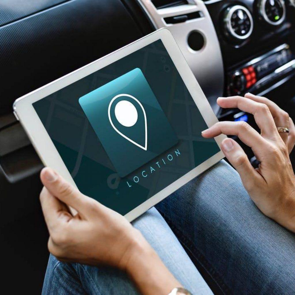interactive tablet for navigation in sleek modern car, blending technology and travel convenience.