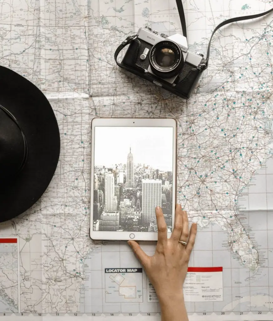explore nostalgia and adventure with vintage map, tablet, camera, and hat.