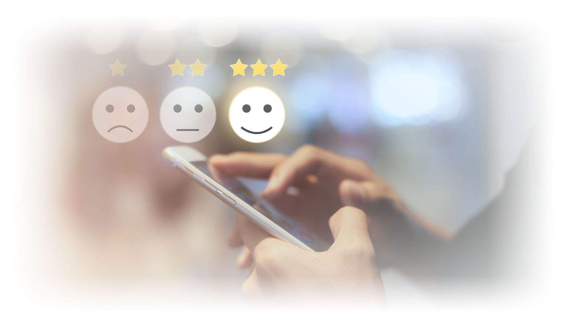 Business woman use mobilepressing smiley face touch screen CRM Consulting & Integration