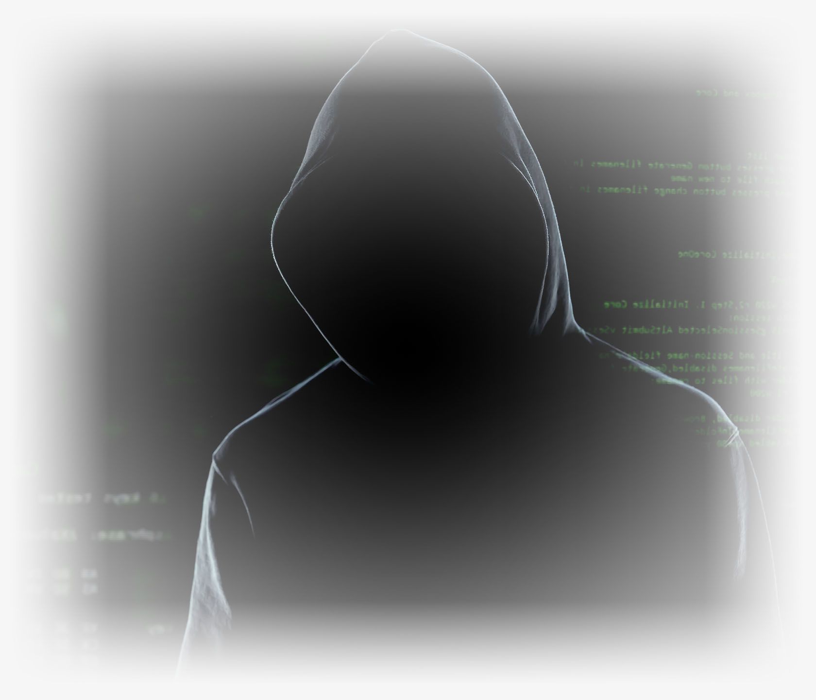 Faceless male hacker in hoodie standing in front of animated computer code Managed Security