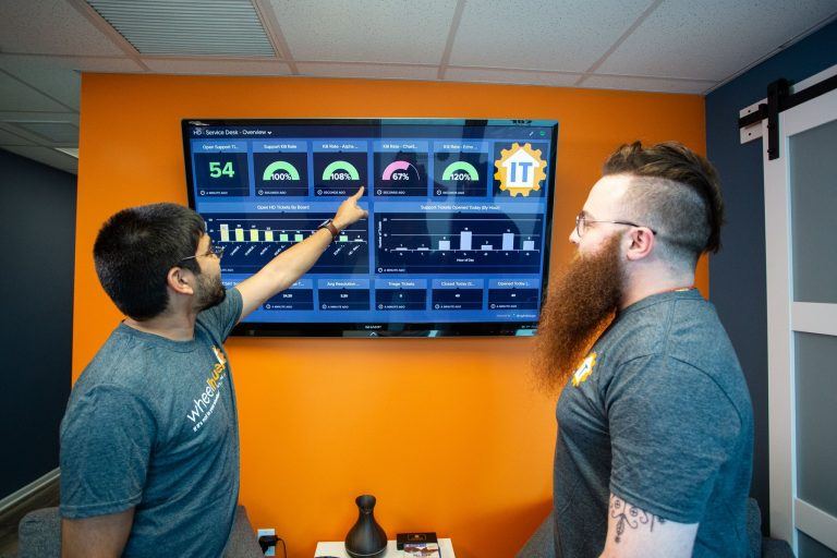 two men standing in front of a flat screen tv