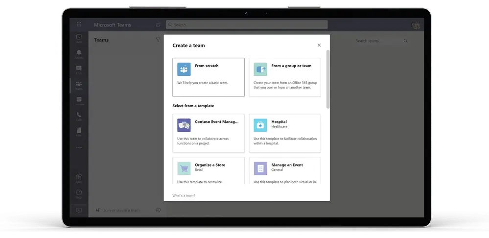 Microsoft Teams new team creation screen showing template selection options
