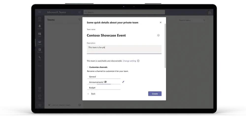 Microsoft Teams team creation screen showing customizable name and description fields when using a template