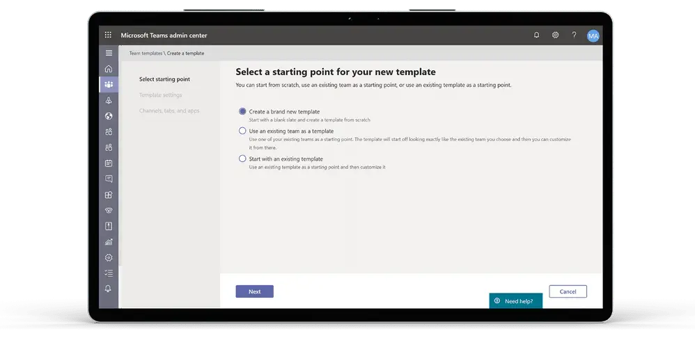 Microsoft Teams admin center showing the custom template creation interface
