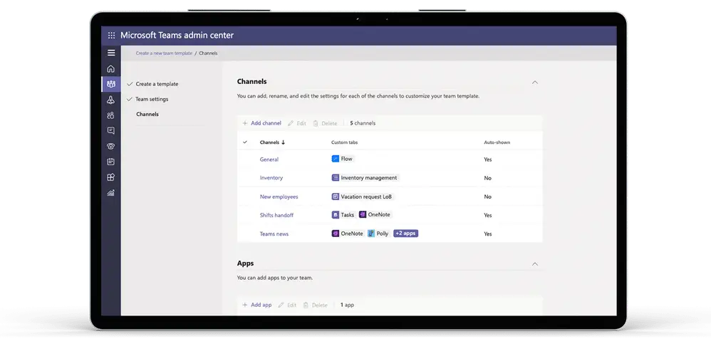 Microsoft Teams admin center template editor showing channel and app configuration options