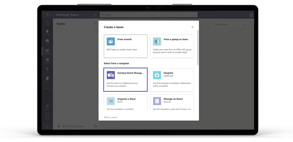 Microsoft Teams new team creation screen showing organization custom templates appearing at the top of the list