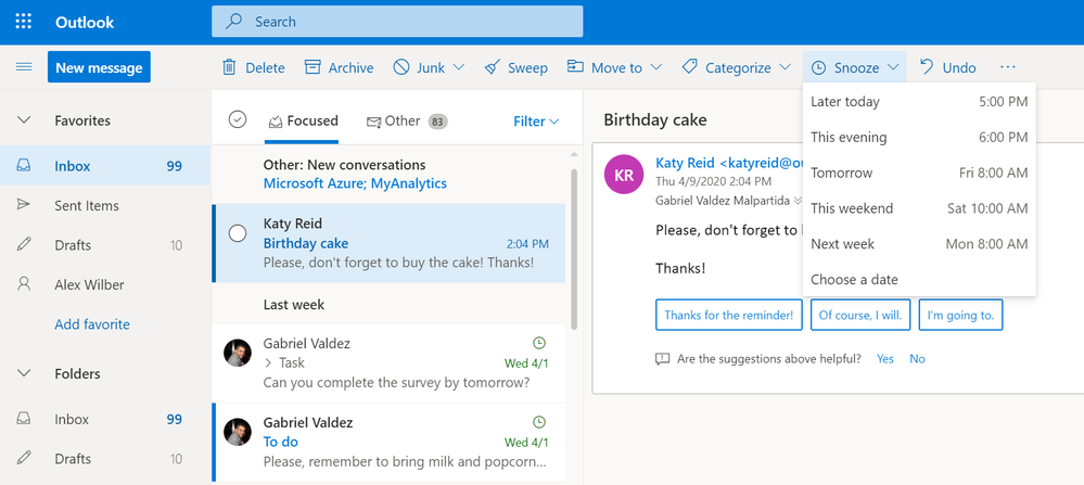 image 10 - snooze in outlook on the web or customize swipe action in outlook on your phone to snooze messages