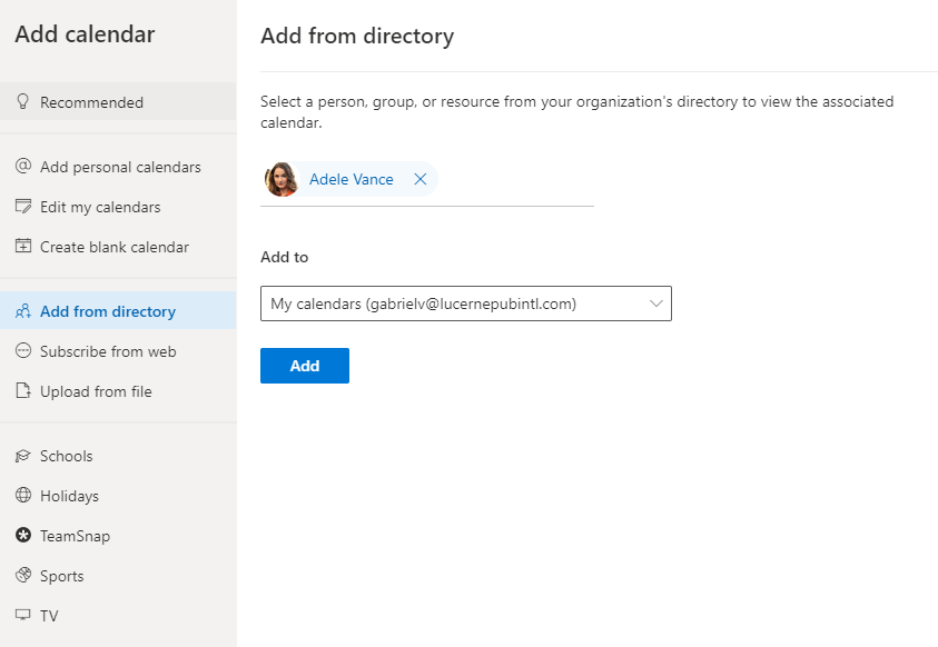 Image 2 - Add your colleague’s calendar from your organization’s directory
