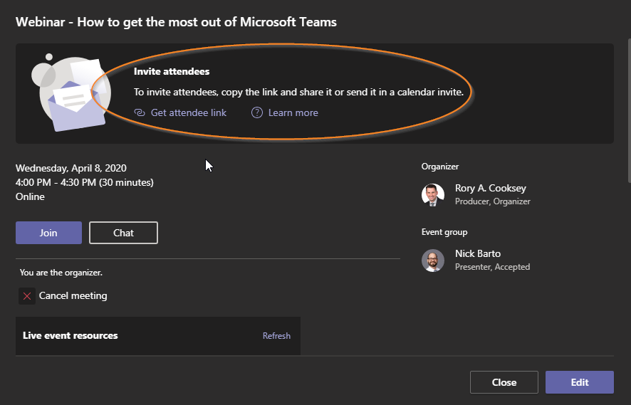 teams live event invite attendees