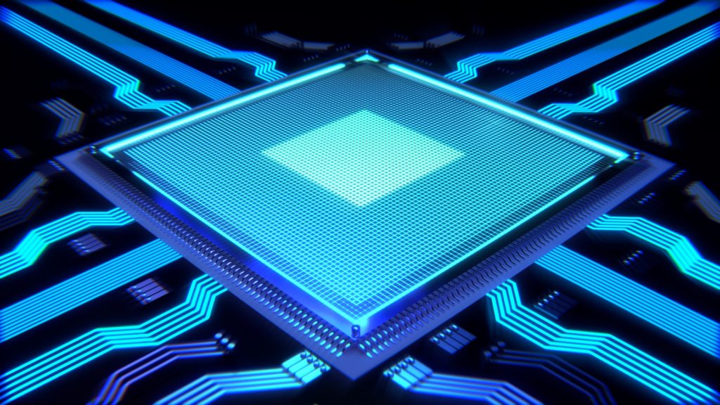 artistic futuristic microchip design with glowing blue circuits and dark background.