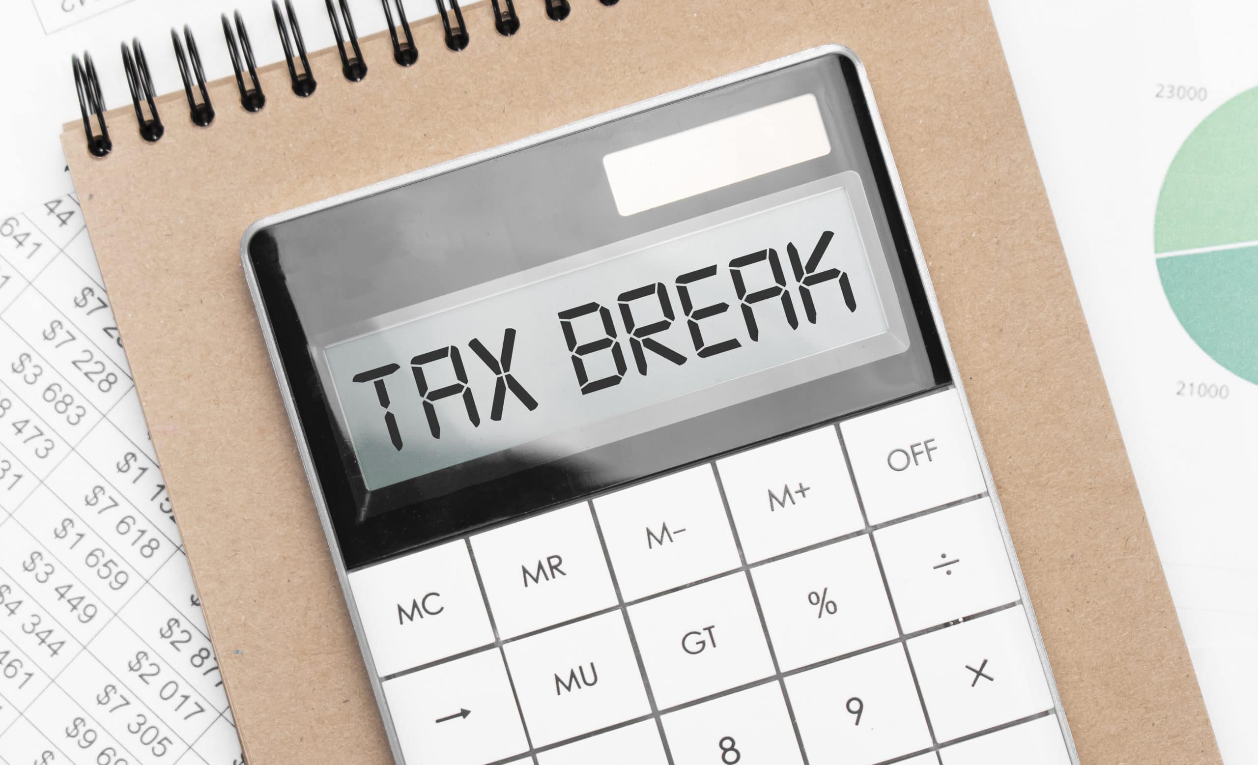 a calculator with the word tax break written on it