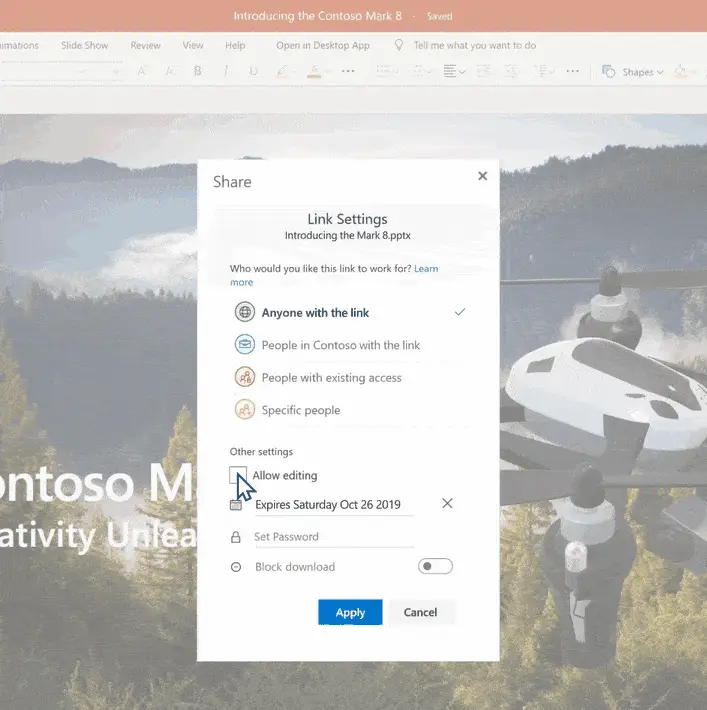 onedrive sharing options dialog showing anyone with link, people in organization, and specific people options with expiration and password controls