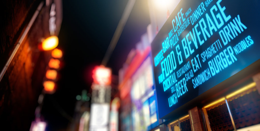 explore a vibrant neon-lit night market with colorful menu offerings and inviting ambiance.