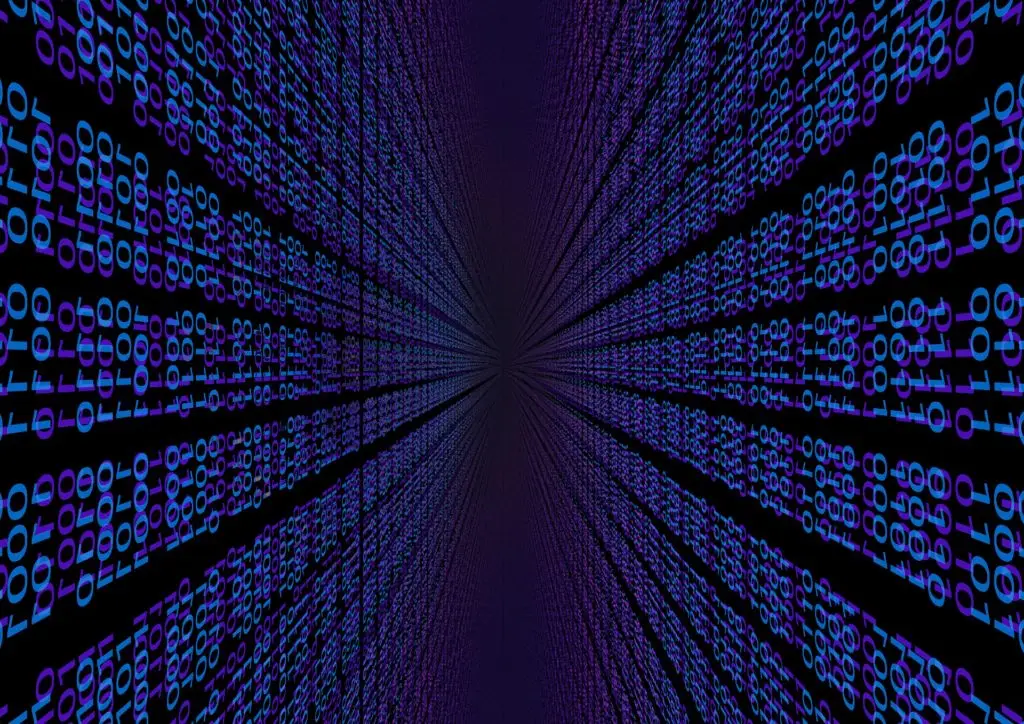 Futuristic Digital Tunnel With Flowing Blue Binary Streams Evoking Cyber Technology And Virtual Reality. futuristic digital tunnel with flowing blue binary streams evoking cyber technology and virtual reality.