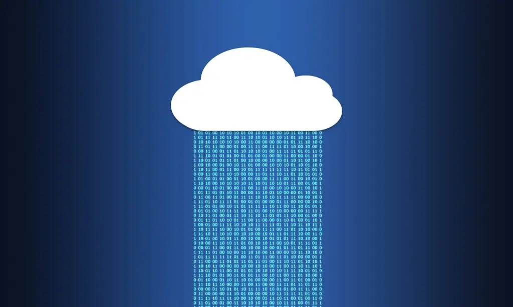 Cloud Computing: Binary Data Flows From A White Cloud Against A Blue Background. cloud computing: binary data flows from a white cloud against a blue background.