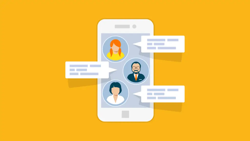 engaging digital chat: animated individuals converse on smartphone screen in modern setting. business processes.