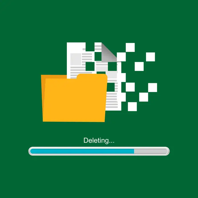 Digital File Deletion: Erasing Documents With Yellow Folder And Loading Bar. digital file deletion: erasing documents with yellow folder and loading bar.