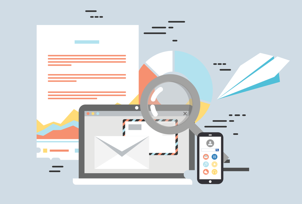 connected workspace with laptop, charts, smartphone, and paper plane for digital productivity.