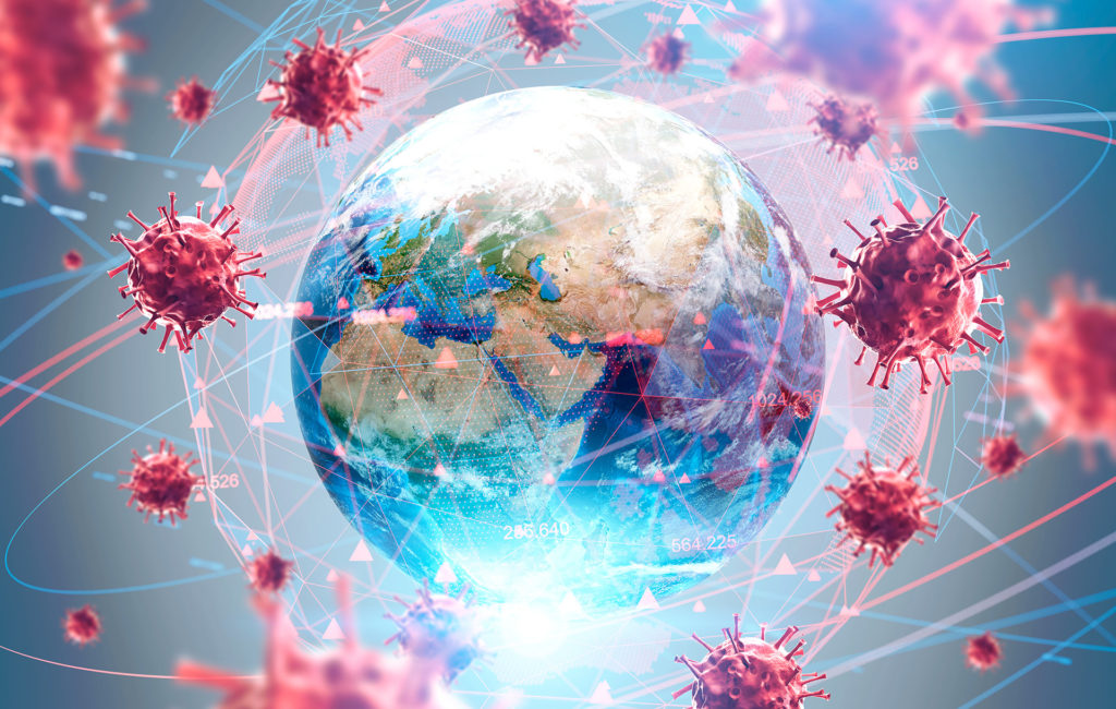 global health crisis: earth surrounded by vibrant viruses, highlighting interconnectedness and challenges.