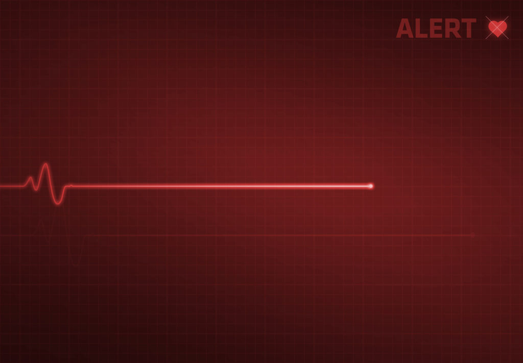 urgent ecg spike alert: critical health warning with flatline symbol on red background.