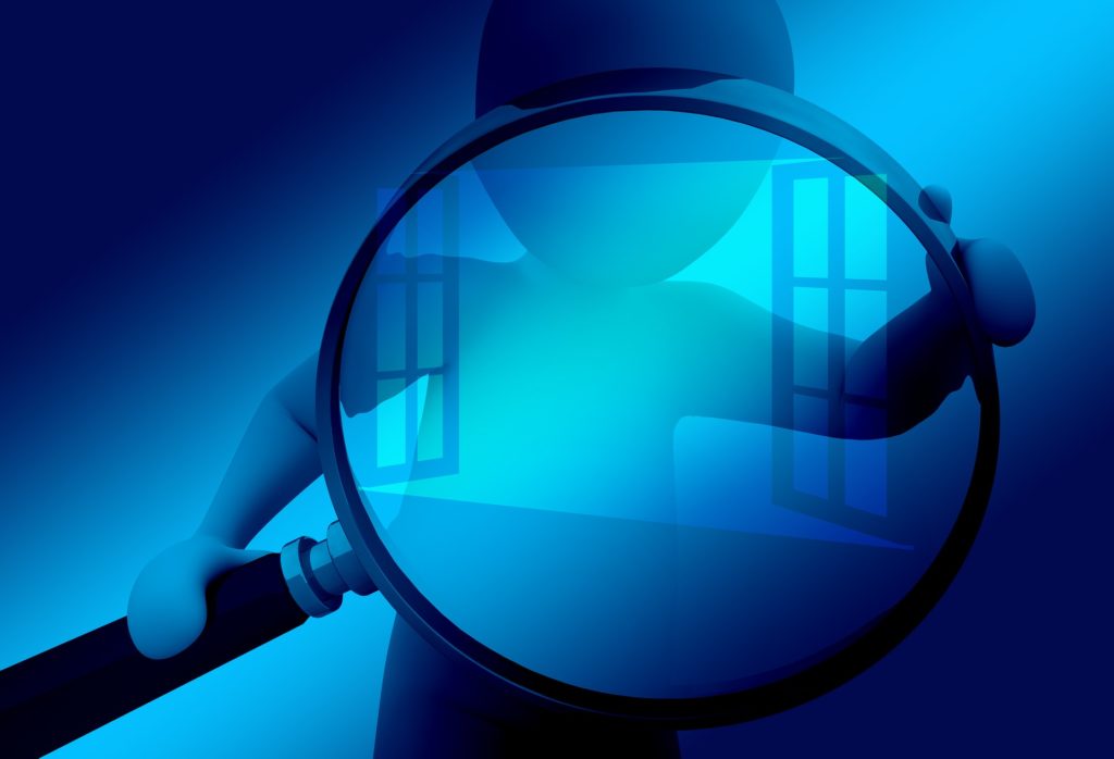 enigmatic character explores with magnifying glass in hand, against serene blue backdrop.