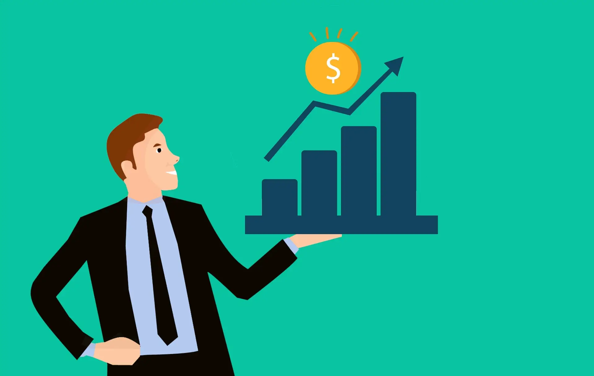 businessman showcasing financial growth graph against teal background - symbolizes business success. gig economy