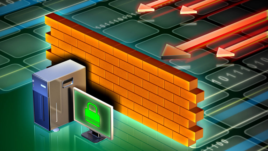 defending against cyber threats with digital fortress featuring firewall, server, and monitor.