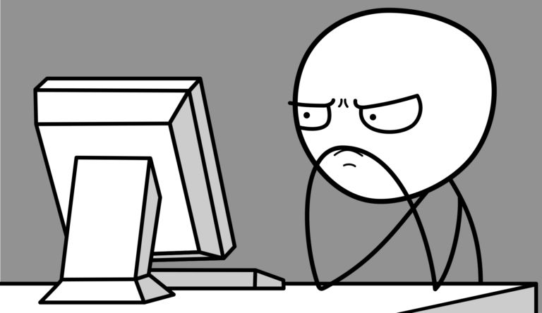 Stressed cartoon character focused on computer work, showing frustration and concentration. Enterprise Software.