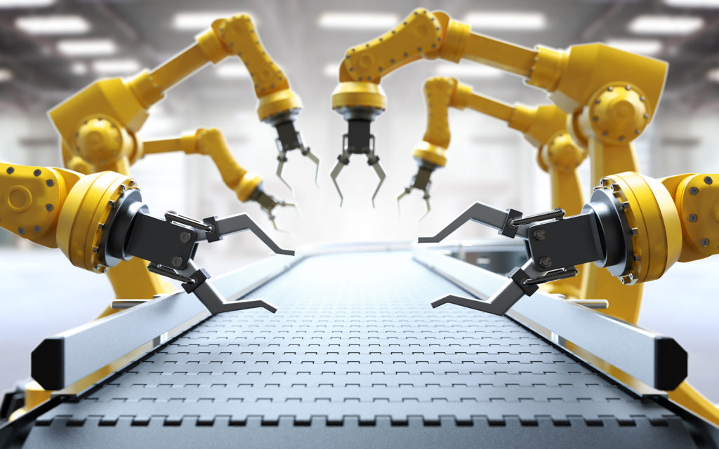 robotic arms optimizing production on high-tech conveyor belt.