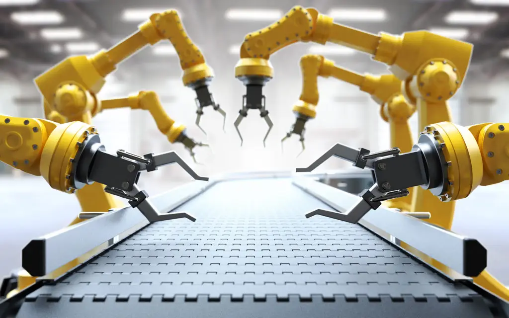 robotic arms optimizing production on high-tech conveyor belt. automation.