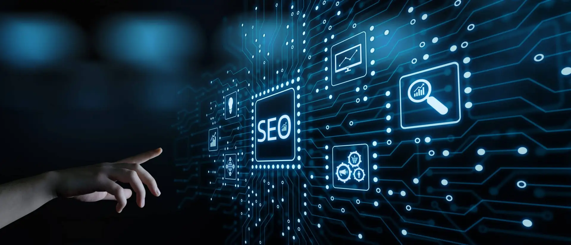 Futuristic SEO grid interface for user engagement and digital marketing success.