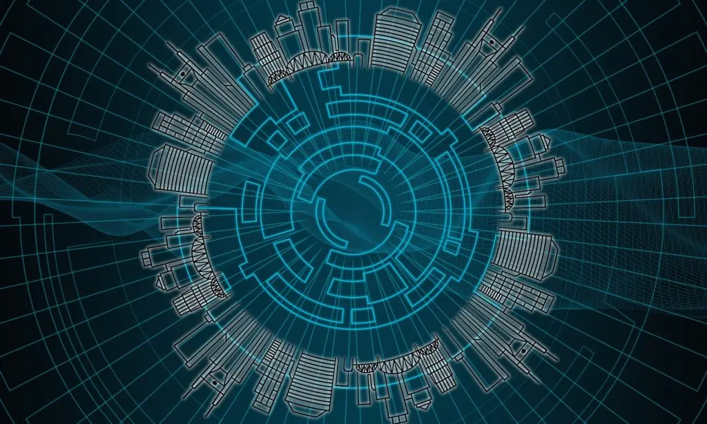 futuristic cityscape with blue lines, symbolizing urban connectivity and technology.