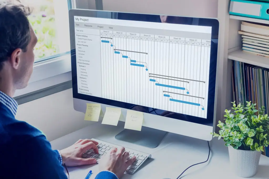 efficient workspace with gantt chart for project management focus.