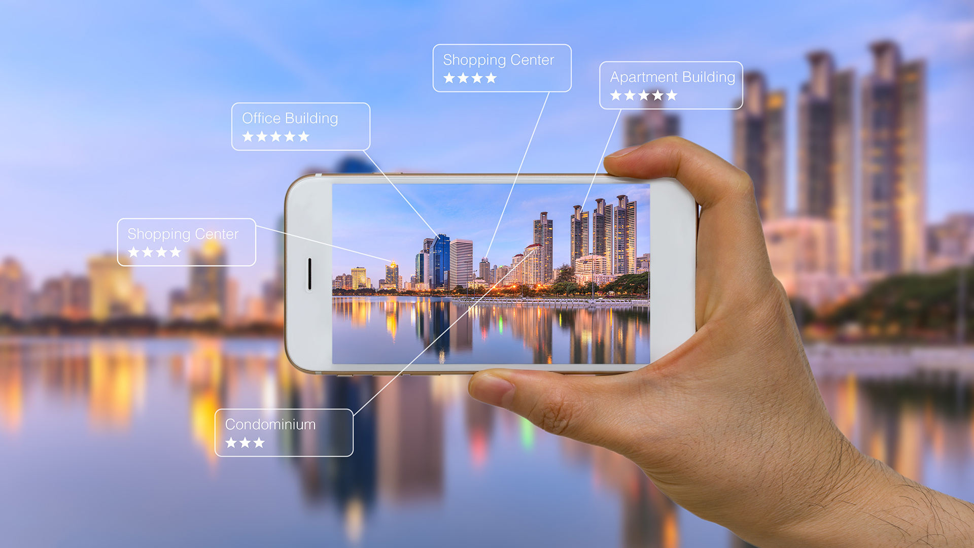 a hand holding a smart phone with a city in the background