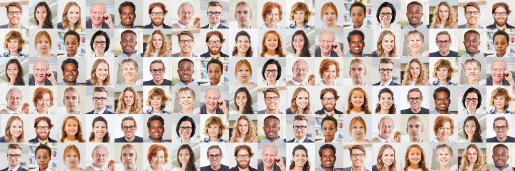 diverse grid of faces showing range of expressions, celebrating human variety.