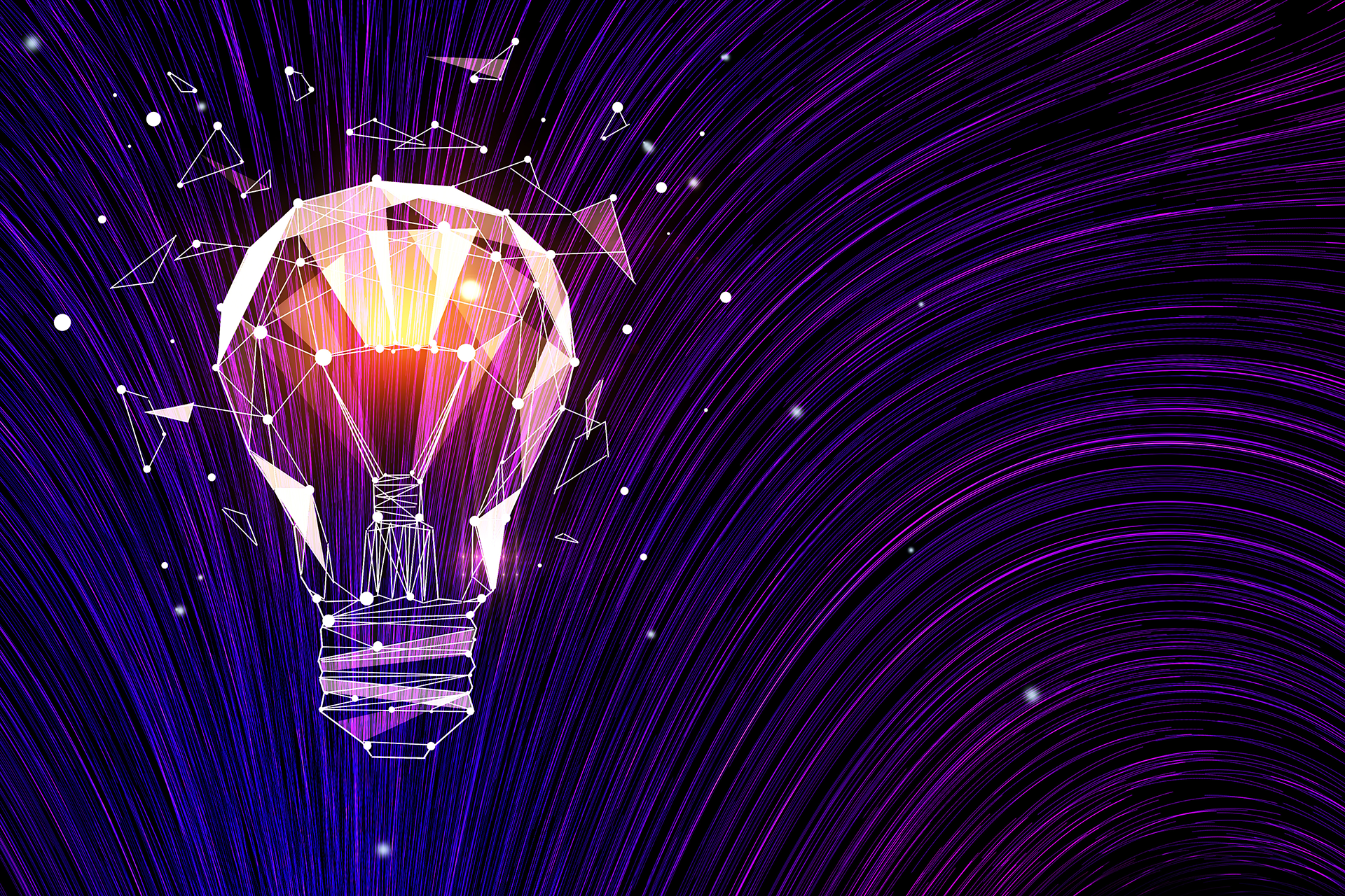 a purple light bulb surrounded by lines and stars