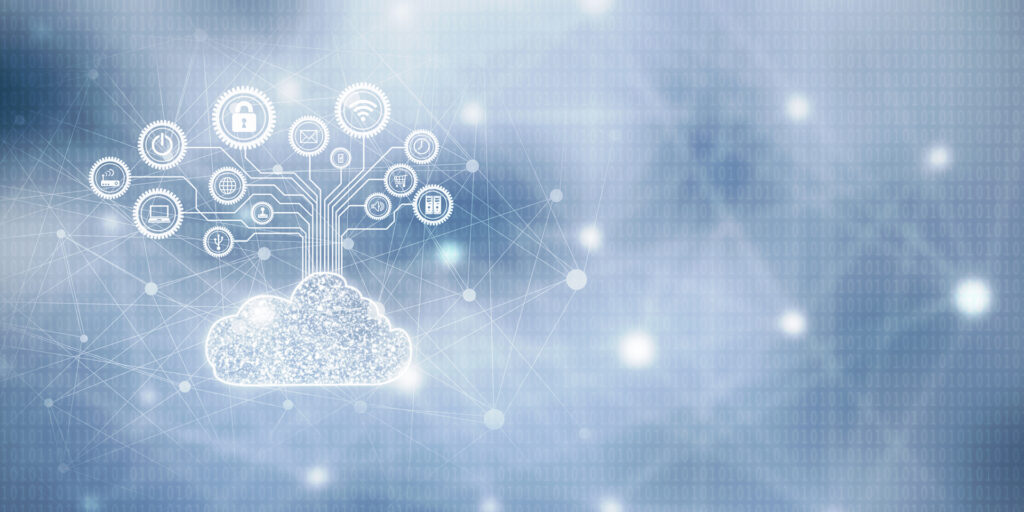 technology tree: cloud-connected icons representing modern digital growth and connectivity.