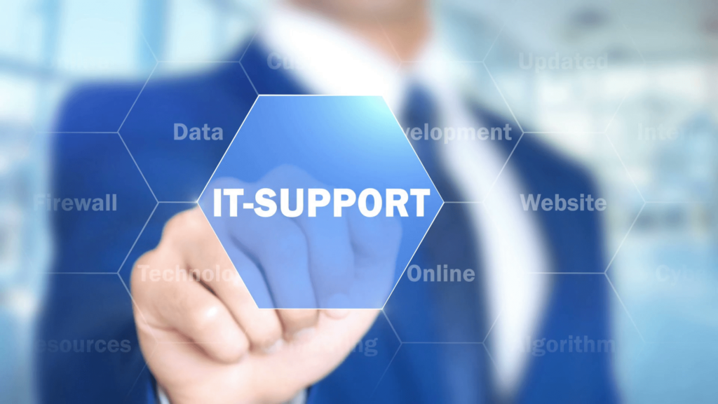 sleek it support interface in modern office with tech services like data and firewall.